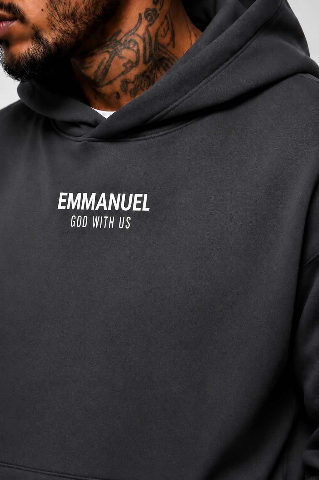 EMMANUEL / GOD WITH US Heavyweight Fleece Hoodie, charcoal gray, lifestyle photo 1
