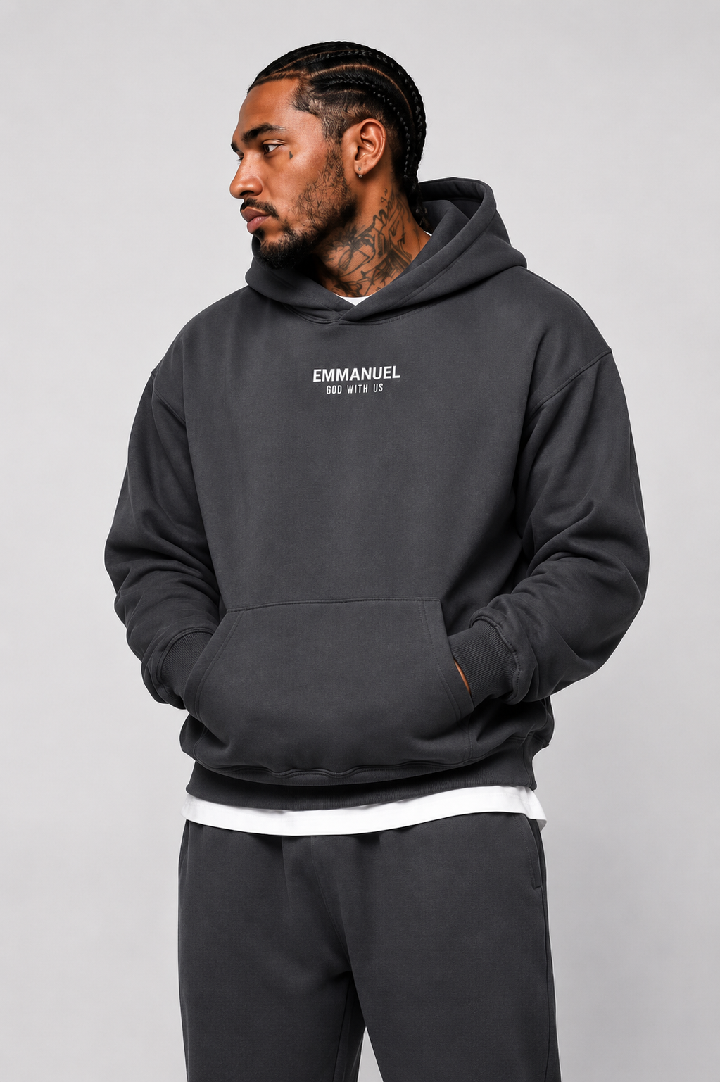 EMMANUEL / GOD WITH US Heavyweight Fleece Hoodie, charcoal gray, lifestyle photo 2