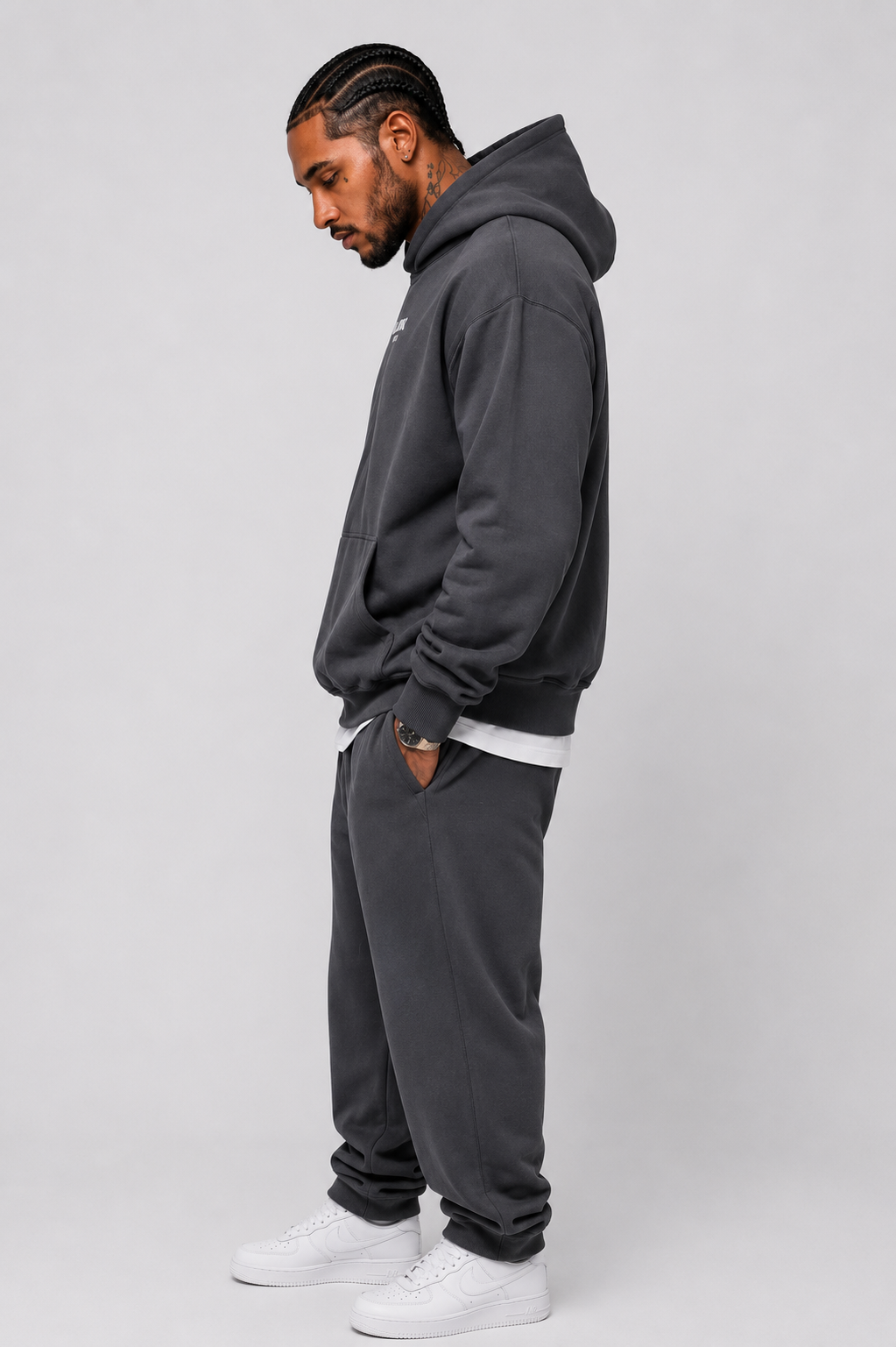 EMMANUEL / GOD WITH US Heavyweight Fleece Hoodie, charcoal gray, lifestyle photo 3