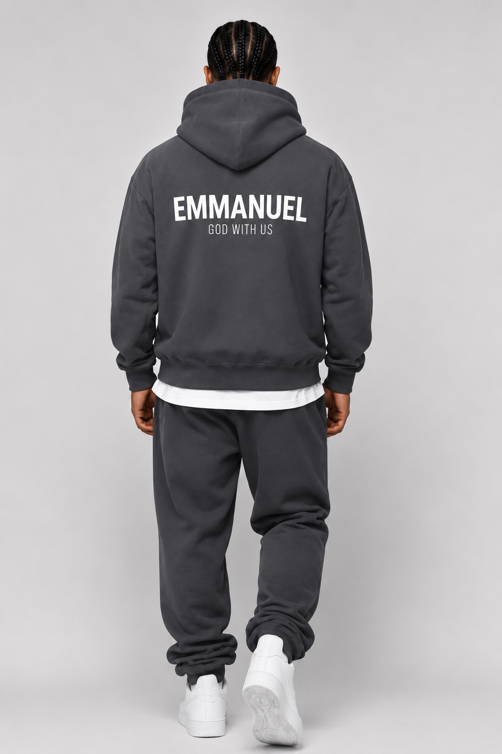 EMMANUEL / GOD WITH US Heavyweight Fleece Hoodie, charcoal gray, lifestyle photo 4