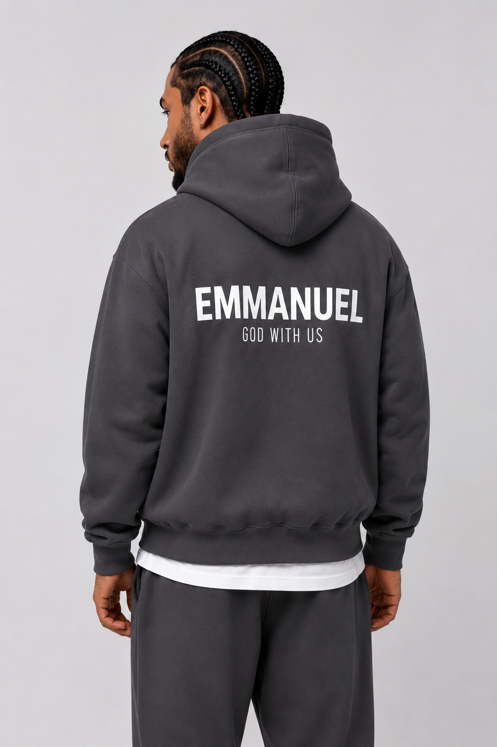 EMMANUEL / GOD WITH US Heavyweight Fleece Hoodie, charcoal gray, lifestyle photo 5