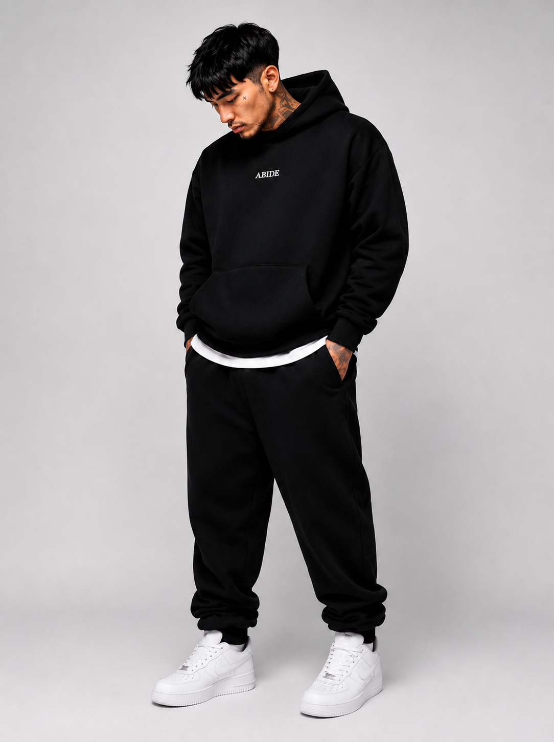 JOHN 15:4 Heavyweight Fleece Hoodie, black, lifestyle photo 3 — Abide Collection, EVERREMINDR CO.