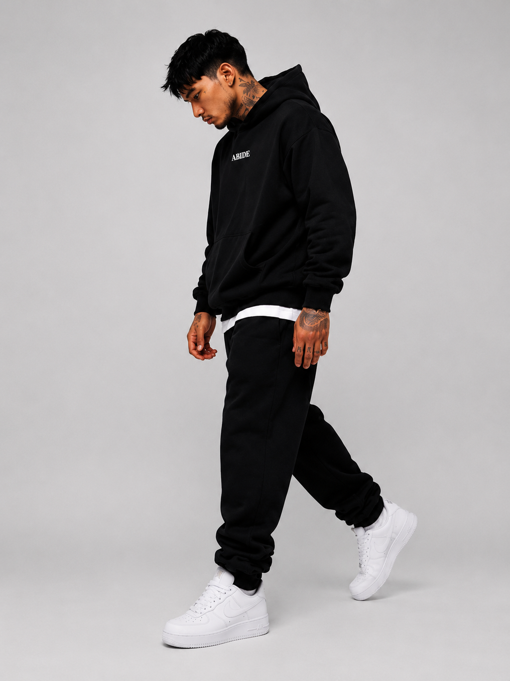 JOHN 15:4 Heavyweight Fleece Hoodie, black, lifestyle photo 4 — Abide Collection, EVERREMINDR CO.