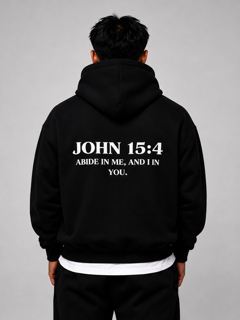 JOHN 15:4 Heavyweight Fleece Hoodie, black, lifestyle photo 6 — Abide Collection, EVERREMINDR CO.