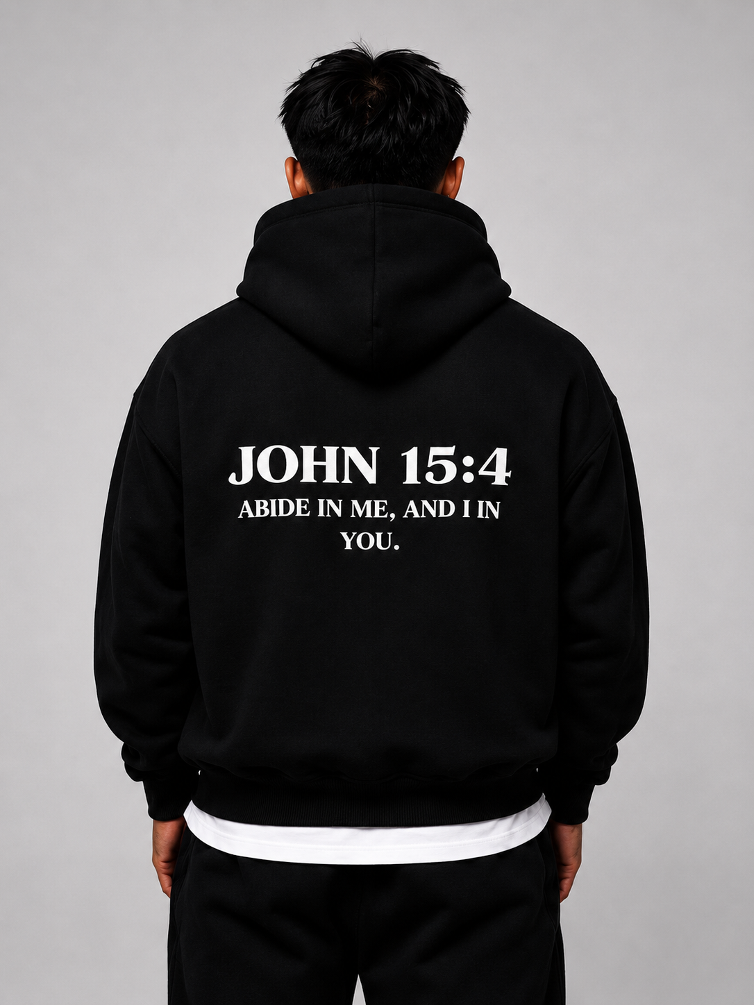 JOHN 15:4 Heavyweight Fleece Hoodie, black, lifestyle photo 6 — Abide Collection, EVERREMINDR CO.
