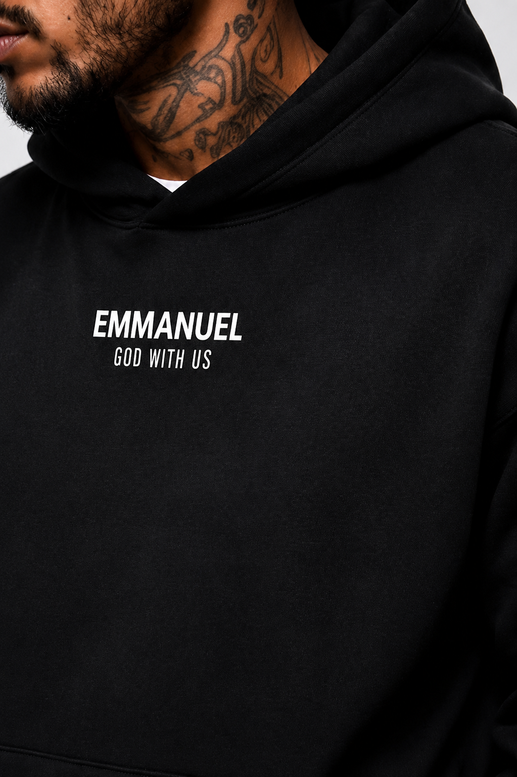 EMMANUEL / GOD WITH US Heavyweight Fleece Hoodie, black, lifestyle photo 1