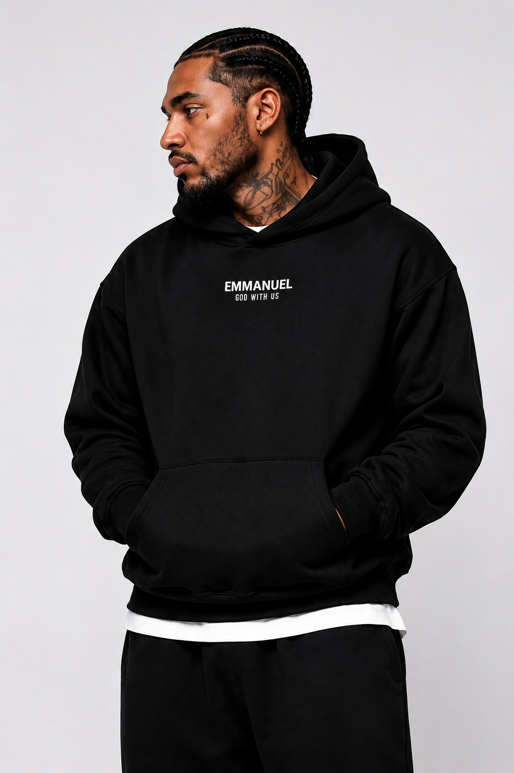 EMMANUEL / GOD WITH US Heavyweight Fleece Hoodie, black, lifestyle photo 2