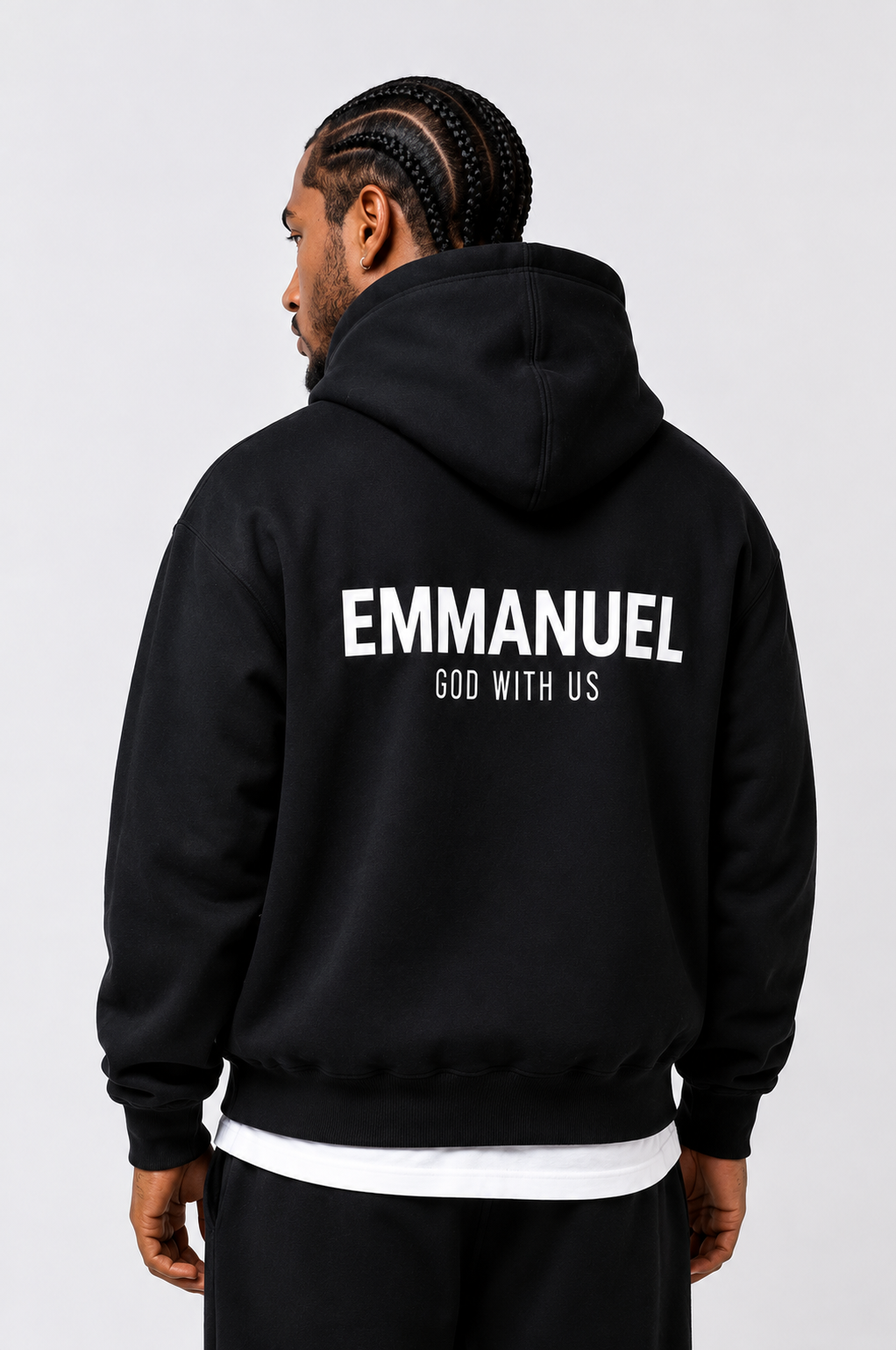 EMMANUEL / GOD WITH US Heavyweight Fleece Hoodie, black, lifestyle photo 5