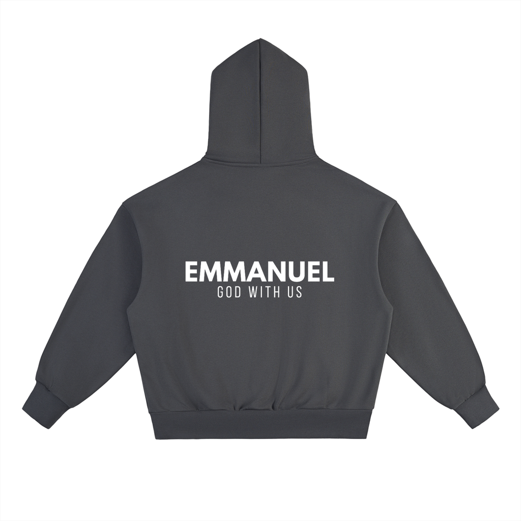 EMMANUEL / GOD WITH US Heavyweight Fleece Hoodie, charcoal gray, alternate view — EVERREMINDR CO.