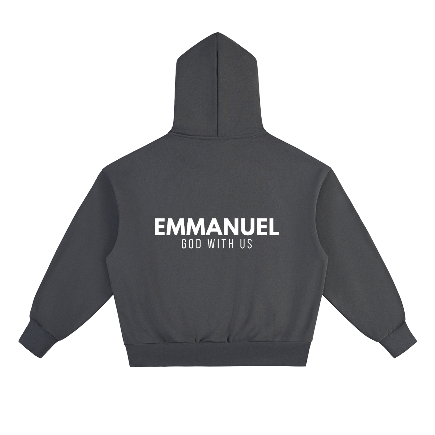 EMMANUEL / GOD WITH US Heavyweight Fleece Hoodie, charcoal gray, alternate view — EVERREMINDR CO.