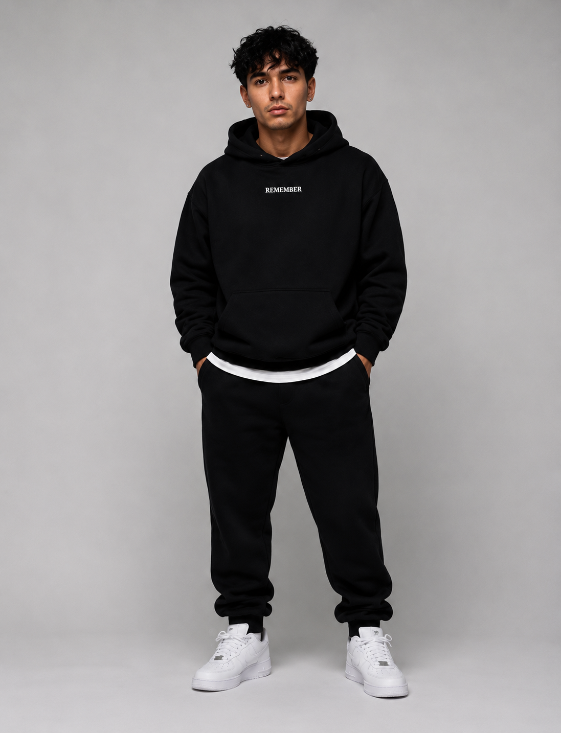 HEBREWS 13:8 Heavyweight Fleece Hoodie, black, lifestyle photo 6 — Remember Collection