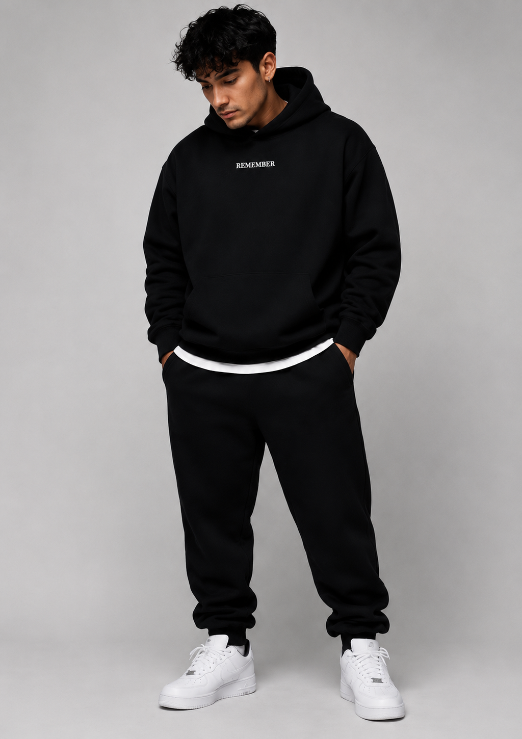 HEBREWS 13:8 Heavyweight Fleece Hoodie, black, lifestyle photo 3 — Remember Collection, EVERREMINDR CO.
