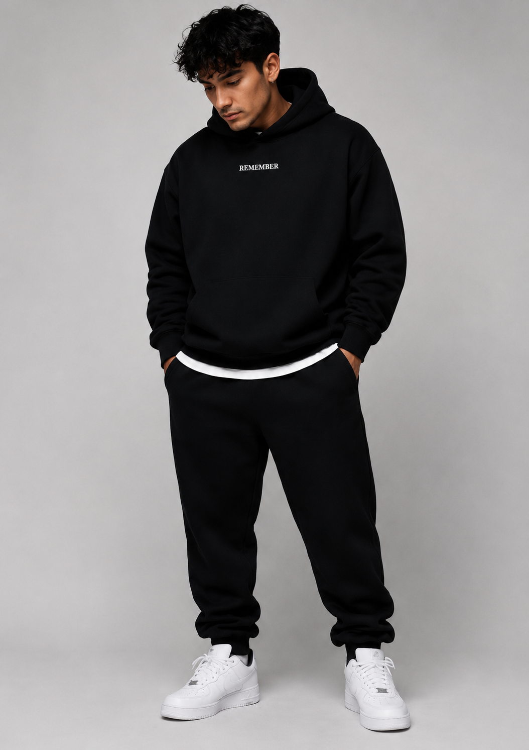 HEBREWS 13:8 Heavyweight Fleece Hoodie, black, lifestyle photo 3 — Remember Collection, EVERREMINDR CO.
