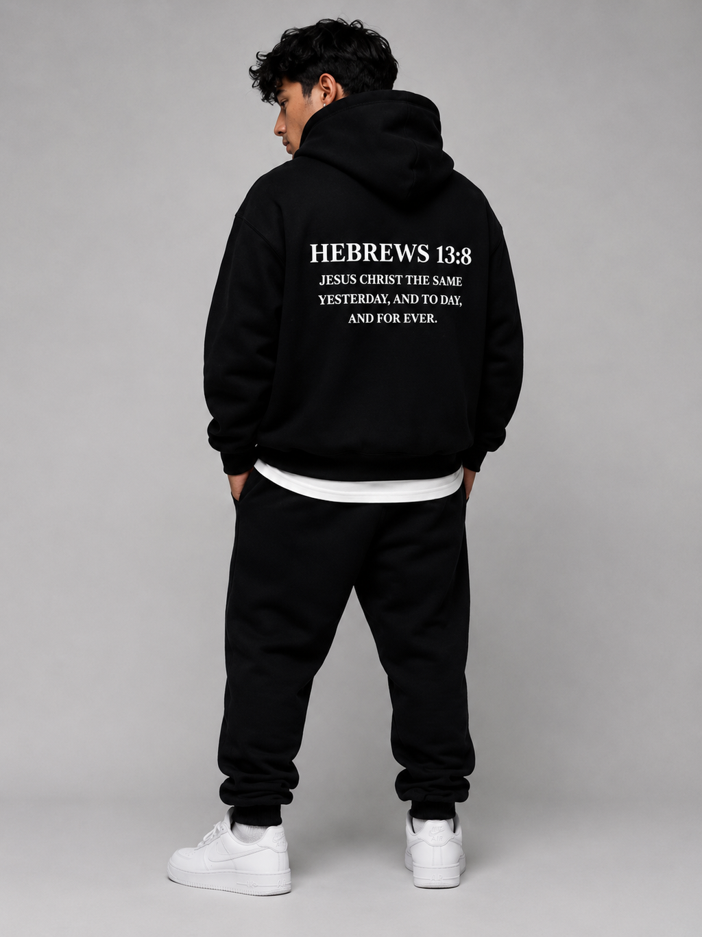 HEBREWS 13:8 Heavyweight Fleece Hoodie, black, lifestyle photo 4 — Remember Collection, EVERREMINDR CO.