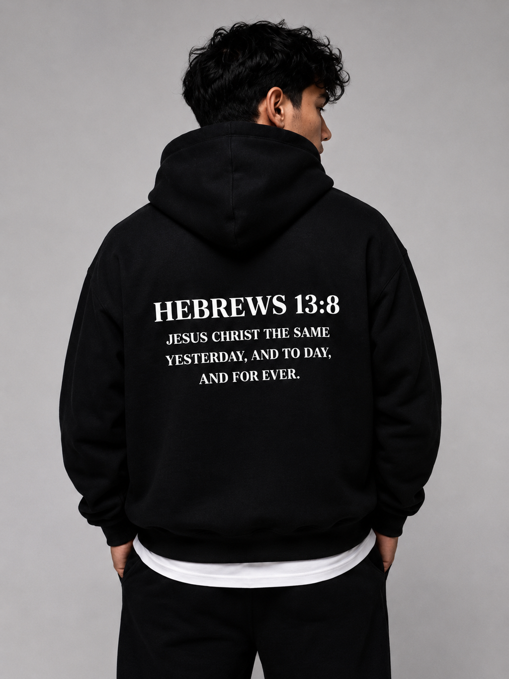 HEBREWS 13:8 Heavyweight Fleece Hoodie, black, lifestyle photo 5 — Remember Collection, EVERREMINDR CO.